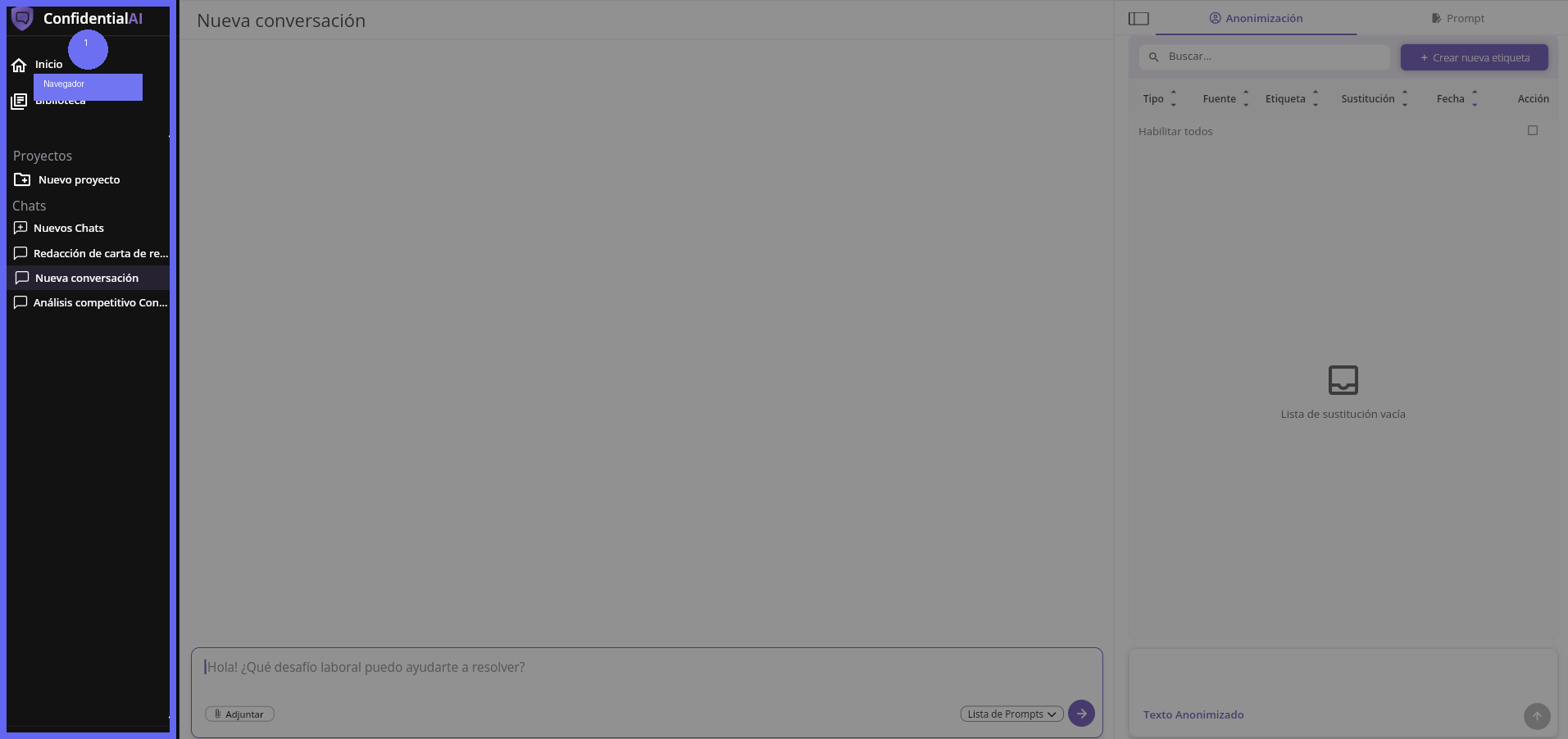 Navegador de proyectos y chats