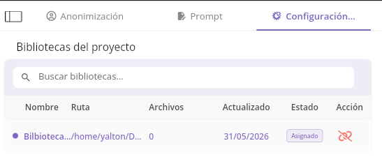 Panel de bibliotecas del proyecto